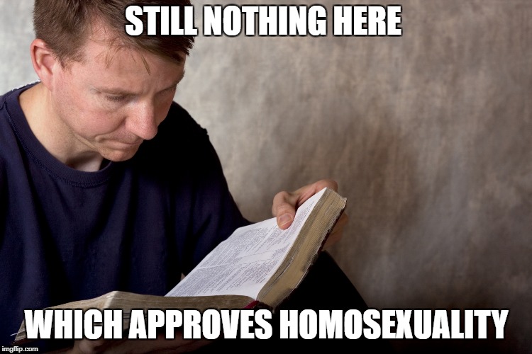 man reading bible | STILL NOTHING HERE; WHICH APPROVES HOMOSEXUALITY | image tagged in man reading bible | made w/ Imgflip meme maker