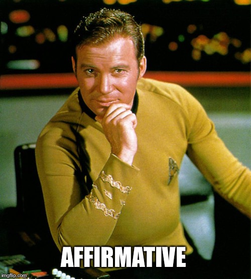 captain kirk | AFFIRMATIVE | image tagged in captain kirk | made w/ Imgflip meme maker