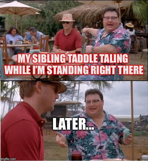 See Nobody Cares Meme | MY SIBLING TADDLE TALING WHILE I’M STANDING RIGHT THERE; LATER... | image tagged in memes,see nobody cares | made w/ Imgflip meme maker