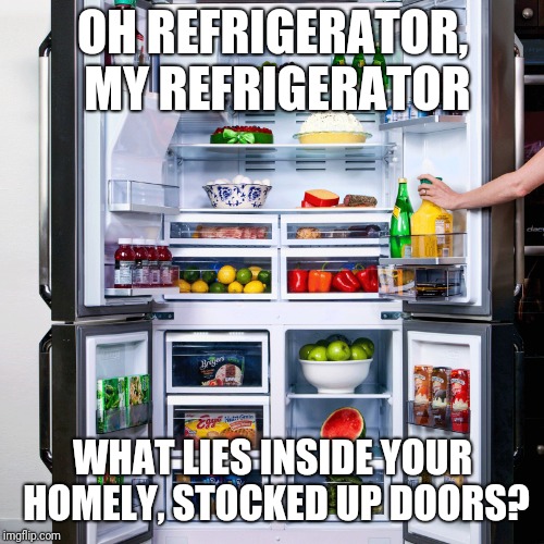 Refrigerator | OH REFRIGERATOR, MY REFRIGERATOR WHAT LIES INSIDE YOUR HOMELY, STOCKED UP DOORS? | image tagged in refrigerator | made w/ Imgflip meme maker
