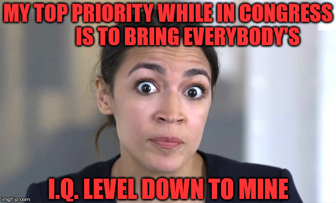 Alexandria leveling the I.Q. playing field | MY TOP PRIORITY WHILE IN CONGRESS          IS TO BRING EVERYBODY'S; I.Q. LEVEL DOWN TO MINE | image tagged in alexandria ocasio-cortez,memes,iq,congress,i,politics | made w/ Imgflip meme maker