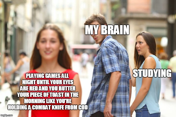 Distracted Boyfriend Meme | MY BRAIN; STUDYING; PLAYING GAMES ALL NIGHT UNTIL YOUR EYES ARE RED AND YOU BUTTER YOUR PIECE OF TOAST IN THE MORNING LIKE YOU'RE HOLDING A COMBAT KNIFE FROM COD | image tagged in memes,distracted boyfriend | made w/ Imgflip meme maker