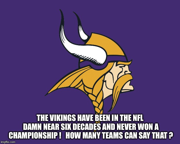 Futility is our middle name! | THE VIKINGS HAVE BEEN IN THE NFL DAMN NEAR SIX DECADES AND NEVER WON A CHAMPIONSHIP !   HOW MANY TEAMS CAN SAY THAT ? | image tagged in minnesota vikings | made w/ Imgflip meme maker