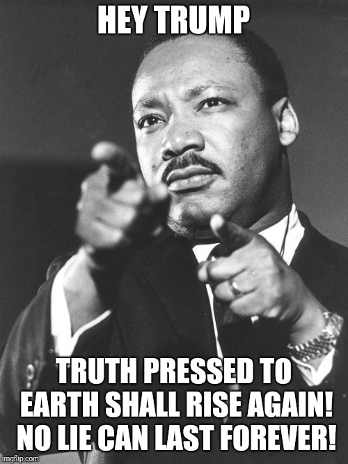 martin Luther King Jr  | HEY TRUMP; TRUTH PRESSED TO EARTH SHALL RISE AGAIN! NO LIE CAN LAST FOREVER! | image tagged in martin luther king jr | made w/ Imgflip meme maker