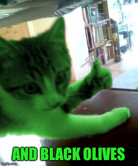 thumbs up RayCat | AND BLACK OLIVES | image tagged in thumbs up raycat | made w/ Imgflip meme maker