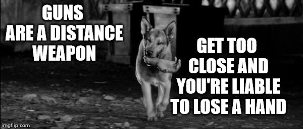 GUNS ARE A DISTANCE WEAPON; GET TOO CLOSE AND YOU'RE LIABLE TO LOSE A HAND | image tagged in dog with a hand in his mouth | made w/ Imgflip meme maker