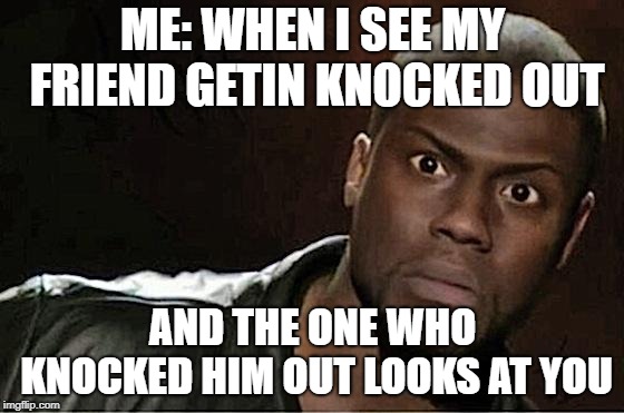 Kevin Hart Meme | ME: WHEN I SEE MY FRIEND GETIN KNOCKED OUT; AND THE ONE WHO KNOCKED HIM OUT LOOKS AT YOU | image tagged in memes,kevin hart | made w/ Imgflip meme maker