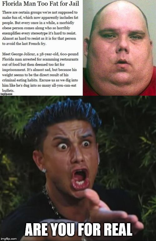 ROFL this is too funny! We need a Florida Man Week |  ARE YOU FOR REAL | image tagged in dj pauly d,florida man,rofl,fat people,hilarious,claybourne | made w/ Imgflip meme maker