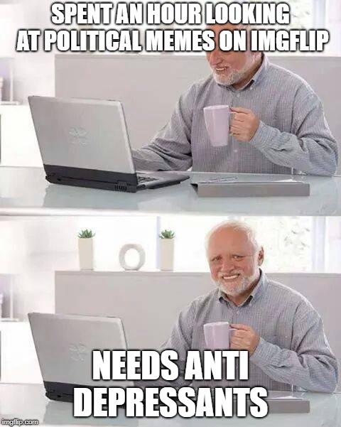 Hide the Pain Harold Meme | SPENT AN HOUR LOOKING AT POLITICAL MEMES ON IMGFLIP; NEEDS ANTI DEPRESSANTS | image tagged in memes,hide the pain harold | made w/ Imgflip meme maker