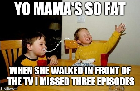 Thank goodness for Netflix | YO MAMA'S SO FAT WHEN SHE WALKED IN FRONT OF THE TV I MISSED THREE EPISODES | image tagged in memes,yo mamas so fat,funny,tv | made w/ Imgflip meme maker