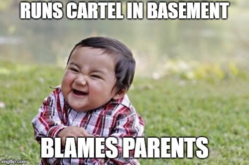 Evil Toddler | RUNS CARTEL IN BASEMENT; BLAMES PARENTS | image tagged in memes,evil toddler | made w/ Imgflip meme maker