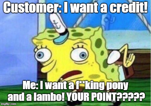 Mocking Spongebob |  Customer: I want a credit! Me: I want a f**king pony and a lambo! YOUR POINT????? | image tagged in memes,mocking spongebob | made w/ Imgflip meme maker