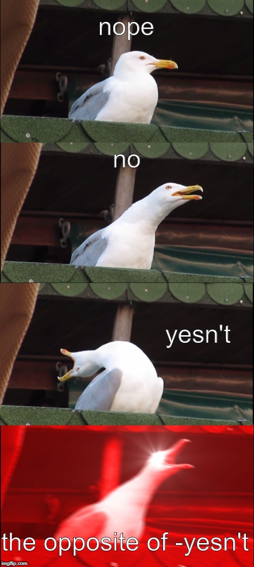 Inhaling Seagull Meme | nope; no; yesn't; the opposite of -yesn't | image tagged in memes,inhaling seagull | made w/ Imgflip meme maker