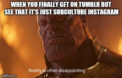 Reality is often dissapointing | WHEN YOU FINALLY GET ON TUMBLR BUT SEE THAT IT'S JUST SUBCULTURE INSTAGRAM | image tagged in reality is often dissapointing | made w/ Imgflip meme maker
