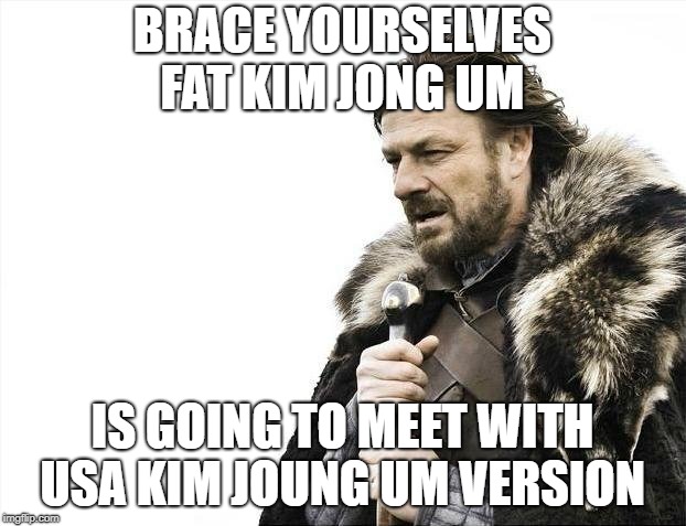 Brace Yourselves X is Coming Meme | BRACE YOURSELVES FAT KIM JONG UM; IS GOING TO MEET WITH USA KIM JOUNG UM VERSION | image tagged in memes,brace yourselves x is coming | made w/ Imgflip meme maker
