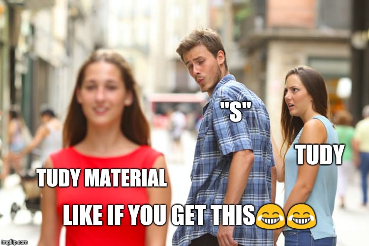 Distracted Boyfriend Meme | "S"; TUDY; TUDY MATERIAL; LIKE IF YOU GET THIS😂😂 | image tagged in memes,distracted boyfriend | made w/ Imgflip meme maker