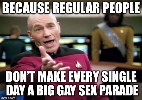 Picard Wtf Meme | BECAUSE REGULAR PEOPLE DON’T MAKE EVERY SINGLE DAY A BIG GAY SEX PARADE | image tagged in memes,picard wtf | made w/ Imgflip meme maker