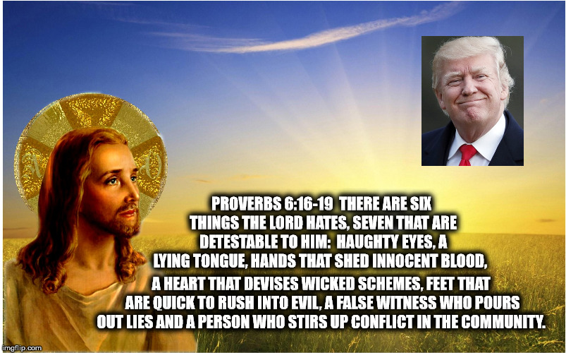 Proverbs 6:16-19  | PROVERBS 6:16-19 
THERE ARE SIX THINGS THE LORD HATES,
SEVEN THAT ARE DETESTABLE TO HIM: 
HAUGHTY EYES,
A LYING TONGUE,
HANDS THAT SHED INNOCENT BLOOD, A HEART THAT DEVISES WICKED SCHEMES,
FEET THAT ARE QUICK TO RUSH INTO EVIL,
A FALSE WITNESS WHO POURS OUT LIES
AND A PERSON WHO STIRS UP CONFLICT IN THE COMMUNITY. | image tagged in proverbs 616-19,trump,mega,shutdown,trumplies | made w/ Imgflip meme maker