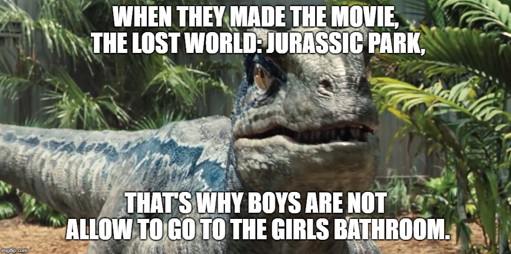 Jurassic World | WHEN THEY MADE THE MOVIE, THE LOST WORLD: JURASSIC PARK, THAT'S WHY BOYS ARE NOT ALLOW TO GO TO THE GIRLS BATHROOM. | image tagged in jurassic world | made w/ Imgflip meme maker