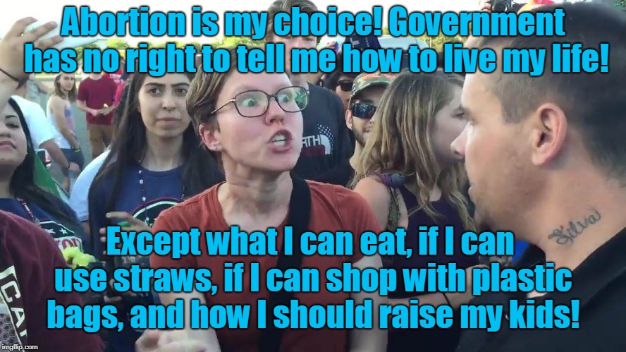 Alrighty then. | Abortion is my choice! Government has no right to tell me how to live my life! Except what I can eat, if I can use straws, if I can shop with plastic bags, and how I should raise my kids! | image tagged in sjw lightbulb,funny,liberals,abortion,big government | made w/ Imgflip meme maker
