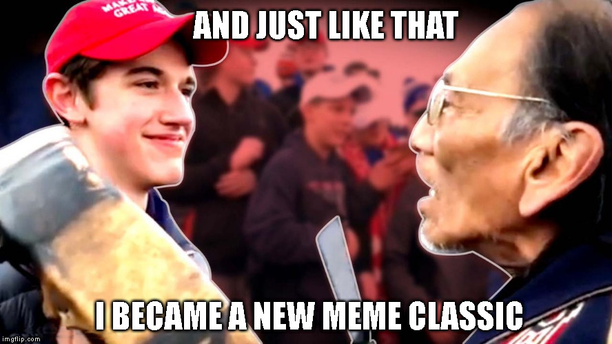 A new star in the meme world | AND JUST LIKE THAT; I BECAME A NEW MEME CLASSIC | image tagged in covington maga kid smirking,memes,meme,new template | made w/ Imgflip meme maker