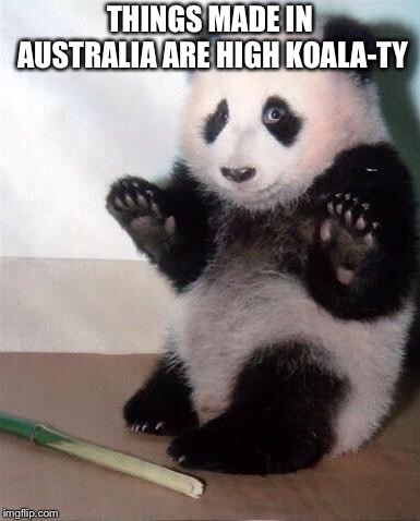Hands Up panda | THINGS MADE IN AUSTRALIA ARE HIGH KOALA-TY | image tagged in hands up panda | made w/ Imgflip meme maker