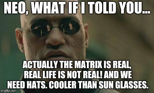 Matrix Morpheus Meme | NEO, WHAT IF I TOLD YOU... ACTUALLY THE MATRIX IS REAL, REAL LIFE IS NOT REAL! AND WE NEED HATS. COOLER THAN SUN GLASSES. | image tagged in memes,matrix morpheus | made w/ Imgflip meme maker