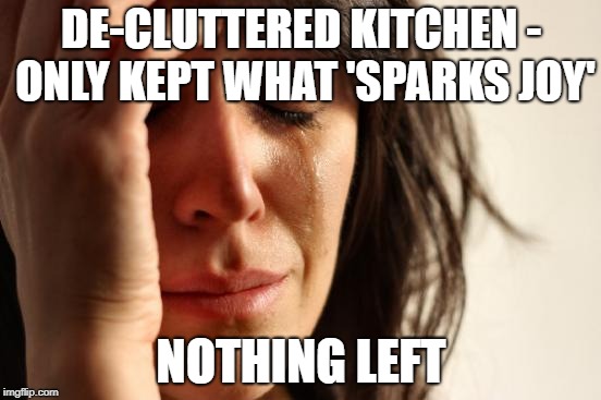 First World Problems | DE-CLUTTERED KITCHEN - ONLY KEPT WHAT 'SPARKS JOY'; NOTHING LEFT | image tagged in memes,first world problems | made w/ Imgflip meme maker