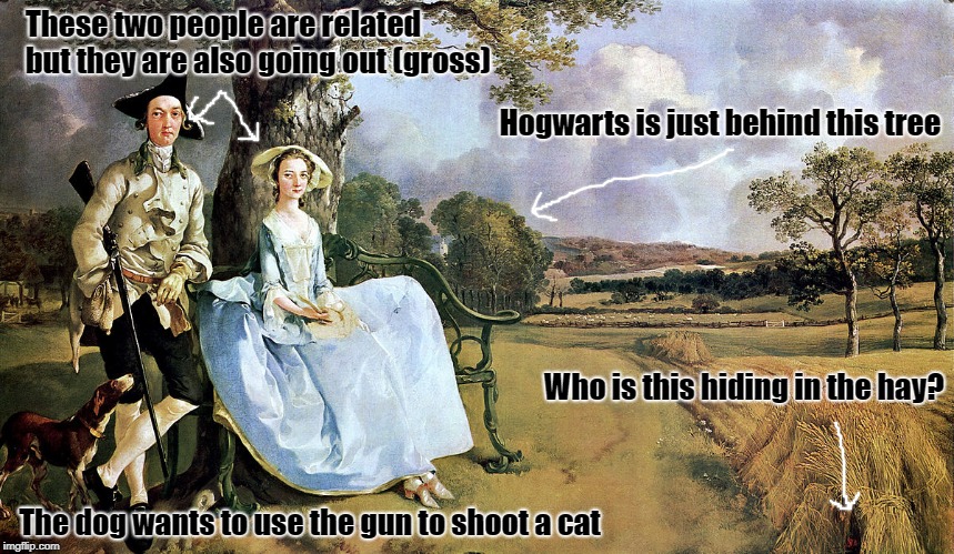 Fine Art Analysis for Dummies #4 | These two people are related but they are also going out (gross); Hogwarts is just behind this tree; Who is this hiding in the hay? The dog wants to use the gun to shoot a cat | image tagged in fine art,dog,siblings,hay | made w/ Imgflip meme maker