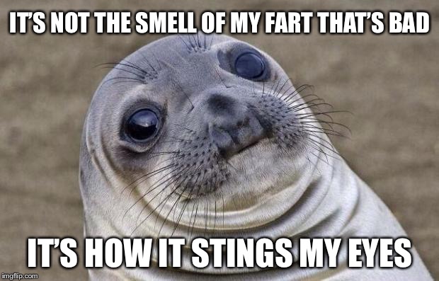 Toxic | IT’S NOT THE SMELL OF MY FART THAT’S BAD; IT’S HOW IT STINGS MY EYES | image tagged in memes,awkward moment sealion | made w/ Imgflip meme maker