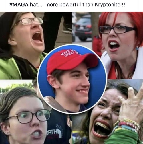 #MAGA hat: More Powerful than Kryptonite! | image tagged in liberal meltdown,snowflakes,libtards,libturds,make america great again,spay and neuter your liberals | made w/ Imgflip meme maker