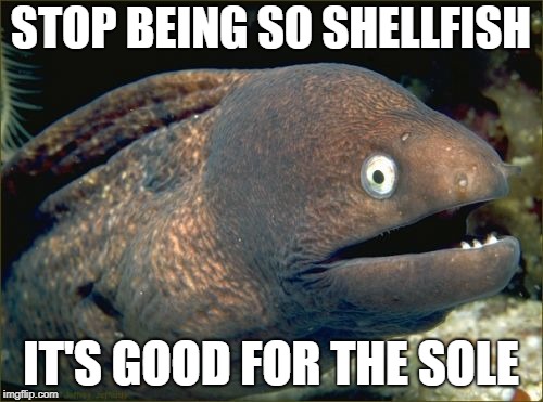 Bad Joke Eel Meme | STOP BEING SO SHELLFISH IT'S GOOD FOR THE SOLE | image tagged in memes,bad joke eel | made w/ Imgflip meme maker