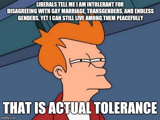 Futurama Fry | LIBERALS TELL ME I AM INTOLERANT FOR DISAGREEING WITH GAY MARRIAGE, TRANSGENDERS, AND ENDLESS GENDERS. YET I CAN STILL LIVE AMONG THEM PEACEFULLY; THAT IS ACTUAL TOLERANCE | image tagged in memes,futurama fry | made w/ Imgflip meme maker