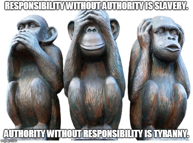 Duty knows no race, gender or creed | RESPONSIBILITY WITHOUT AUTHORITY IS SLAVERY. AUTHORITY WITHOUT RESPONSIBILITY IS TYRANNY. | image tagged in wise monkeys,politics,memes,religion,society,advice | made w/ Imgflip meme maker