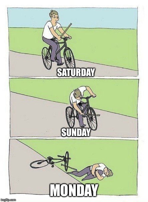 Bike Fall | SATURDAY; SUNDAY; MONDAY | image tagged in bike fall | made w/ Imgflip meme maker