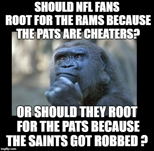 Ape Philosophy | SHOULD NFL FANS ROOT FOR THE RAMS BECAUSE THE PATS ARE CHEATERS? OR SHOULD THEY ROOT FOR THE PATS BECAUSE THE SAINTS GOT ROBBED ? | image tagged in question ape | made w/ Imgflip meme maker