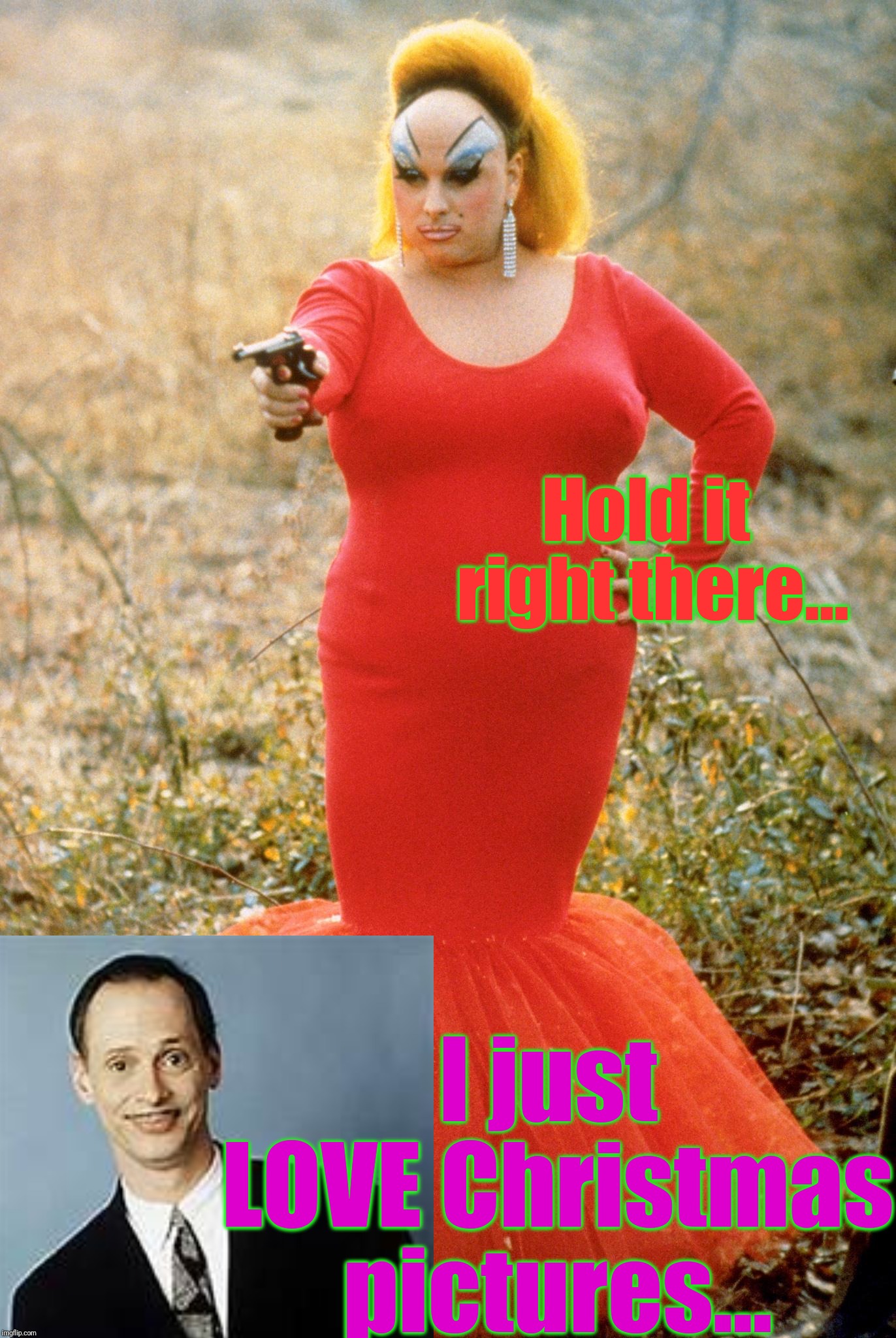 Divine - Pink Flamingos | Hold it right there... I just LOVE Christmas pictures... | image tagged in divine - pink flamingos | made w/ Imgflip meme maker