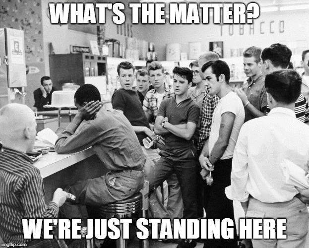 WHAT'S THE MATTER? WE'RE JUST STANDING HERE | image tagged in cherrydale drug fair,racism,bullying,maga | made w/ Imgflip meme maker