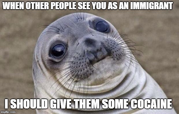 Awkward Moment Sealion Meme | WHEN OTHER PEOPLE SEE YOU AS AN IMMIGRANT; I SHOULD GIVE THEM SOME COCAINE | image tagged in memes,awkward moment sealion | made w/ Imgflip meme maker