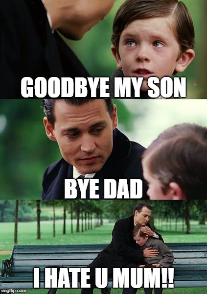 Finding Neverland | GOODBYE MY SON; BYE DAD; I HATE U MUM!! | image tagged in memes,finding neverland | made w/ Imgflip meme maker