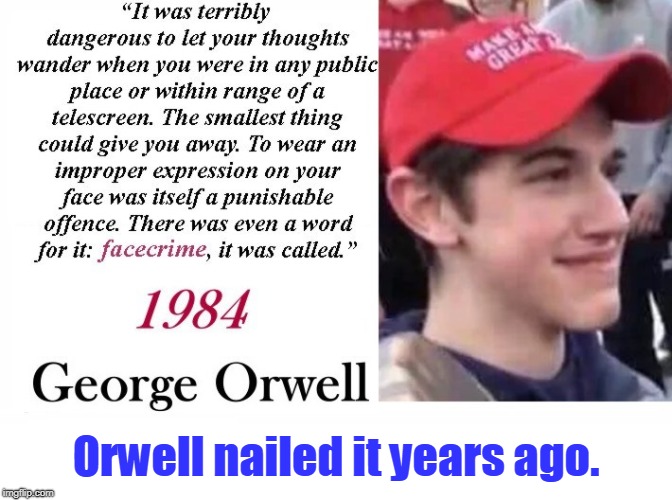 Orwell nailed it! | Orwell nailed it years ago. | image tagged in smirking maga hat student,nick sandmann,nathan phillips | made w/ Imgflip meme maker