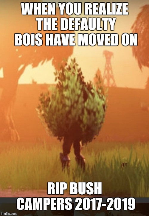 Fortnite bush | WHEN YOU REALIZE THE DEFAULTY BOIS HAVE MOVED ON RIP BUSH CAMPERS 2017-2019 | image tagged in fortnite bush | made w/ Imgflip meme maker