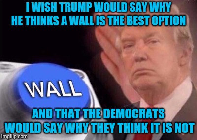 Border Security and Immigration Reform are necessary, but | I WISH TRUMP WOULD SAY WHY HE THINKS A WALL IS THE BEST OPTION; AND THAT THE DEMOCRATS WOULD SAY WHY THEY THINK IT IS NOT | image tagged in trump wall button | made w/ Imgflip meme maker