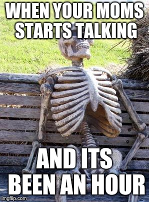 Waiting Skeleton | WHEN YOUR MOMS STARTS TALKING; AND ITS BEEN AN HOUR | image tagged in memes,waiting skeleton | made w/ Imgflip meme maker