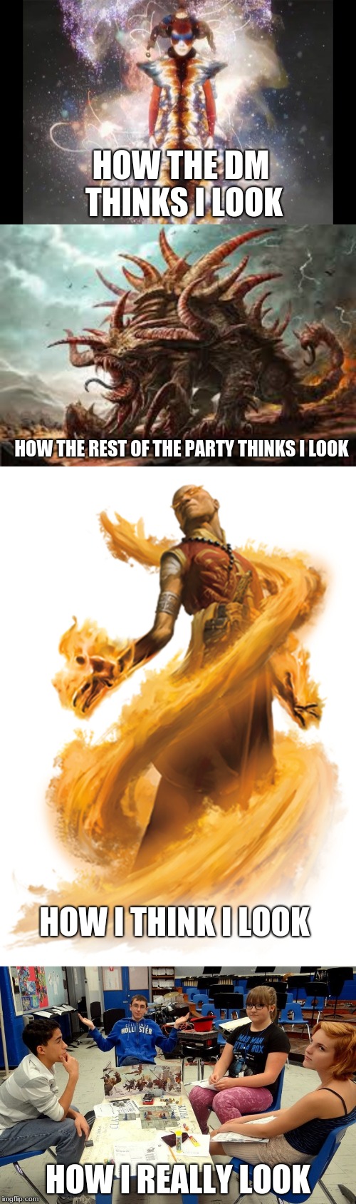 The Person Who Is Two Levels Higher Than The Rest Of The Party | HOW THE DM THINKS I LOOK; HOW THE REST OF THE PARTY THINKS I LOOK; HOW I THINK I LOOK; HOW I REALLY LOOK | image tagged in dnd,dungeons and dragons,how i think i look | made w/ Imgflip meme maker