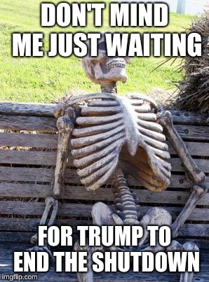 Waiting Skeleton | DON'T MIND ME JUST WAITING; FOR TRUMP TO END THE SHUTDOWN | image tagged in memes,waiting skeleton | made w/ Imgflip meme maker