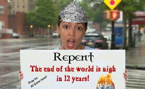 image tagged in doomsday prophet alexandria ocasio-cortez,global warming,cult,end of the world,prediction,satire | made w/ Imgflip meme maker