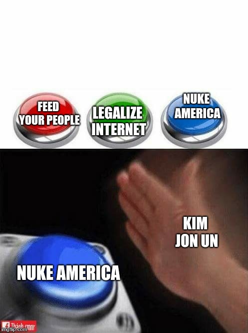 Three Buttons | FEED YOUR PEOPLE; NUKE AMERICA; LEGALIZE INTERNET; KIM JON UN; NUKE AMERICA | image tagged in three buttons | made w/ Imgflip meme maker