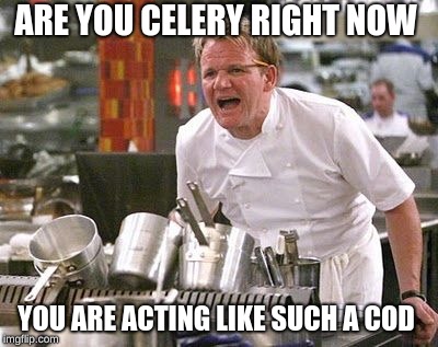 Gordon Ramsey meme | ARE YOU CELERY RIGHT NOW; YOU ARE ACTING LIKE SUCH A COD | image tagged in gordon ramsey meme | made w/ Imgflip meme maker