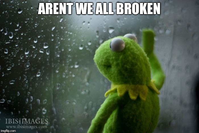 kermit window | ARENT WE ALL BROKEN | image tagged in kermit window | made w/ Imgflip meme maker